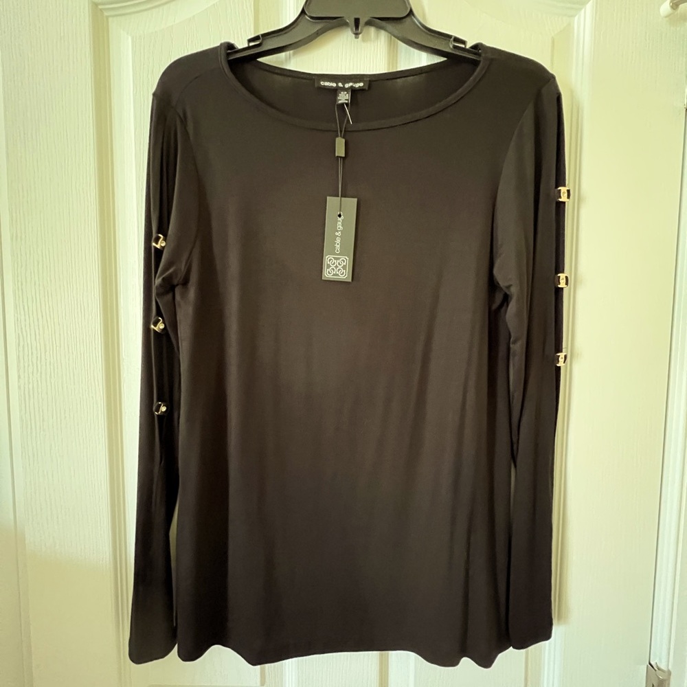 Cable & Gauge Black Jeweled Long Sleeve Open Slitted Top Size Small